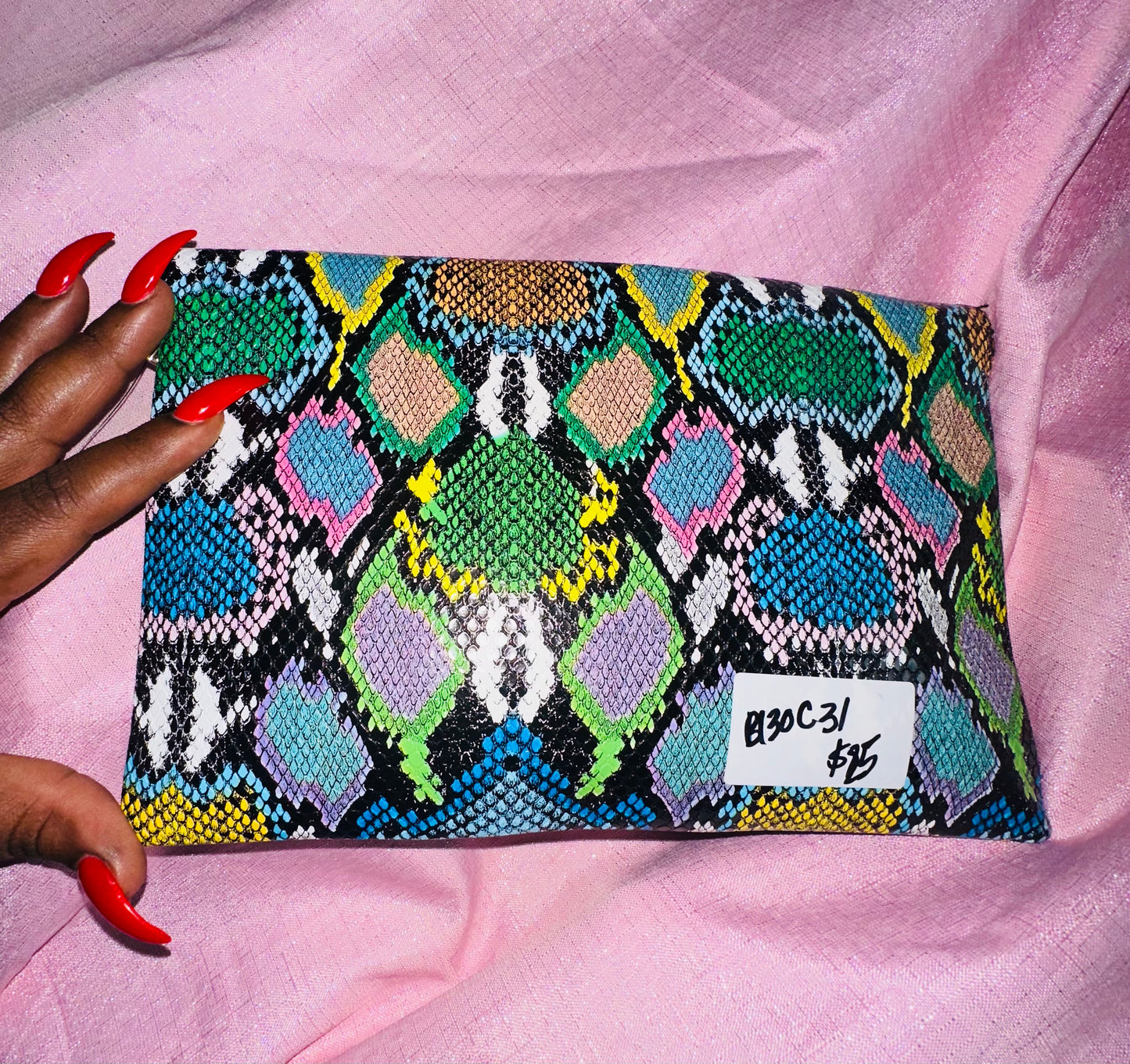 Green Multicolor Snake Print Clutch